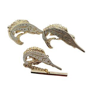 Vintage Sailfish Swordfish Tie Tack & Cuff Links Set Restored Silver Gold Tone